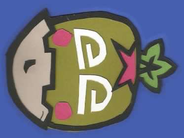 scan of a papercut simplified drawing of Cha-Cha from the Monster Hunter 3U game, sideways so the leaf on the top of its coconut head points to the right