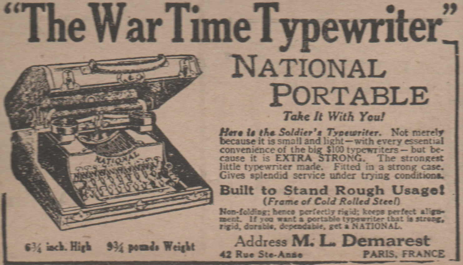 Vintage newspaper ad for National portable typewriter. Text: The War Time Typewriter