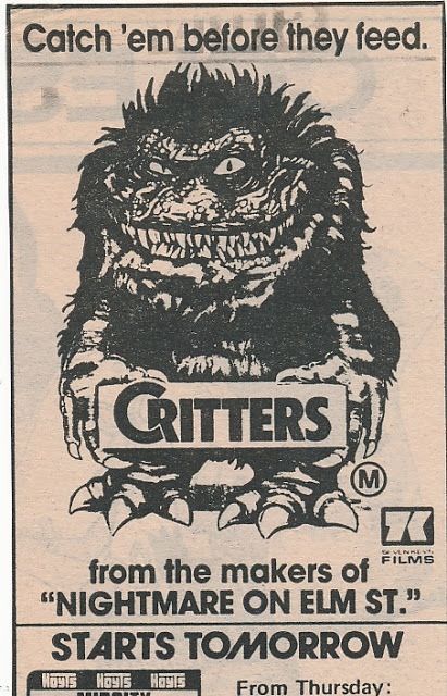 Vintage newspaper ad for the movie Critters. Tetxt: Catch em before they feed. Critters, from the makers of Nightmare on Elm St.