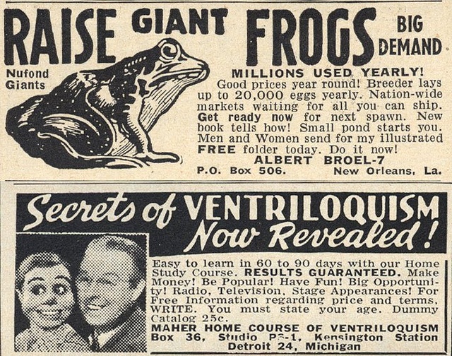 Vintage newspaper ads for raising frogs and learning ventriloquism
