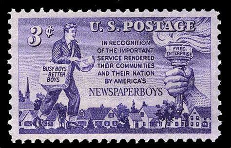 3-cent US Postage stamp with text: In recognition of the important service rendered their communities and their nation by America's newspaper boys