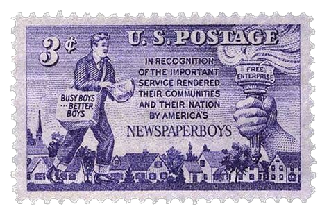3-cent US Postage stamp with text: In recognition of the important service rendered their communities and their nation by America's newspaper boys