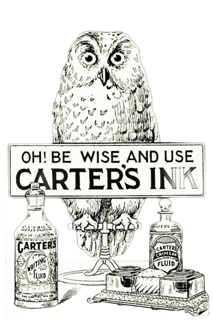 Vintage newspaper ad for Cartiers Ink with an oil next to pen and ink supplies