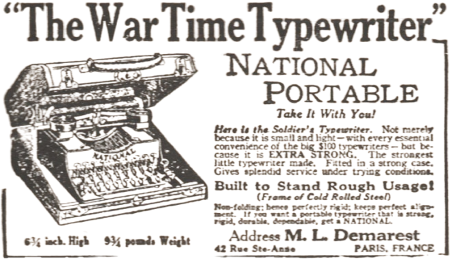 Vintage newspaper ad for National portable typewriter. Text: The War Time Typewriter