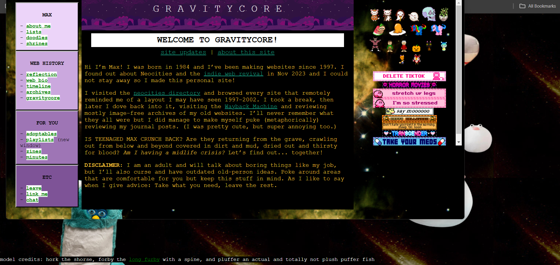 Maximum Crunch 2000s inspired pop-up frame layout with space background