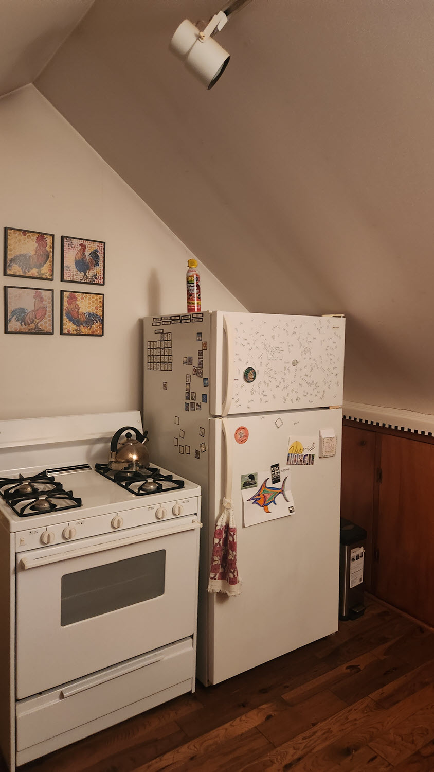 Steep vaulted ceiling over a refrigerator and trash can