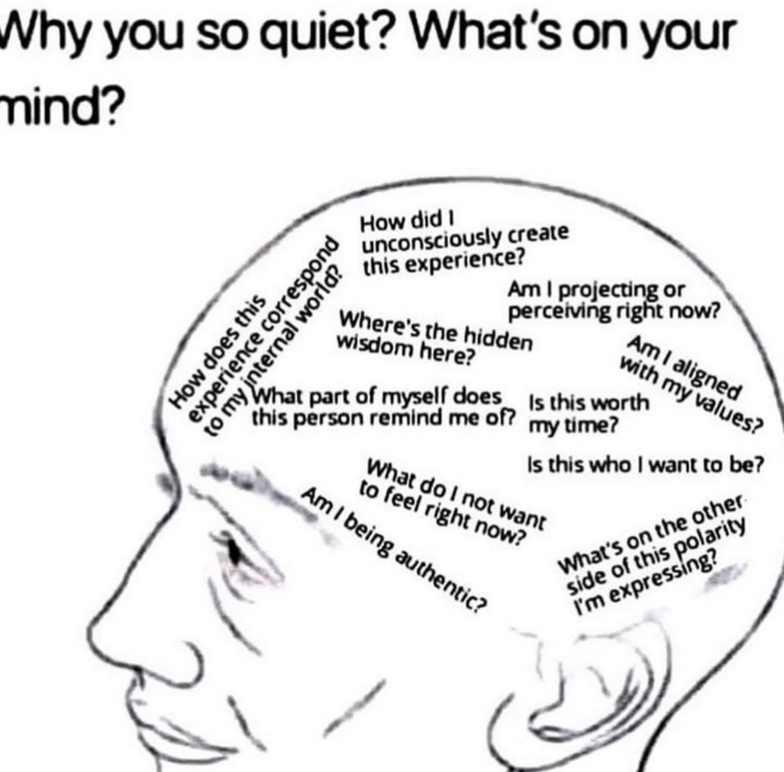 Text: Why you so quiet? What's on your mind? Several answers are shown inside a drawing of a head: How does this experience correspond to my internal world? How did I unconsciously create this experience? Am I projecting or perceiving right now? Am I aligned with my values? Where's the hidden wisdom here? What part of myself does this person remind me of? Is this worth my time? Is this who I want to be? What do I not want to feel right now? Am I being authentic? What's on the other side of this polarity I'm expressing?