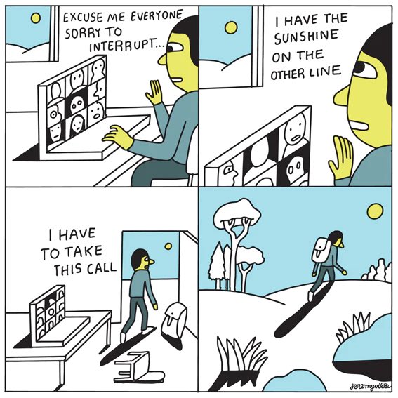 4-panel comic. Top left shows someone on a Zoom call saying, Excuse me everyone sorry to interrupt... The top right shows them looking out the window at the sun saying, I have sunshine on the other line. The bottom left panel shows them leaving after knocking over the chair, saying I have to take this call. The bottom right shows them walking outside with a backpack on.