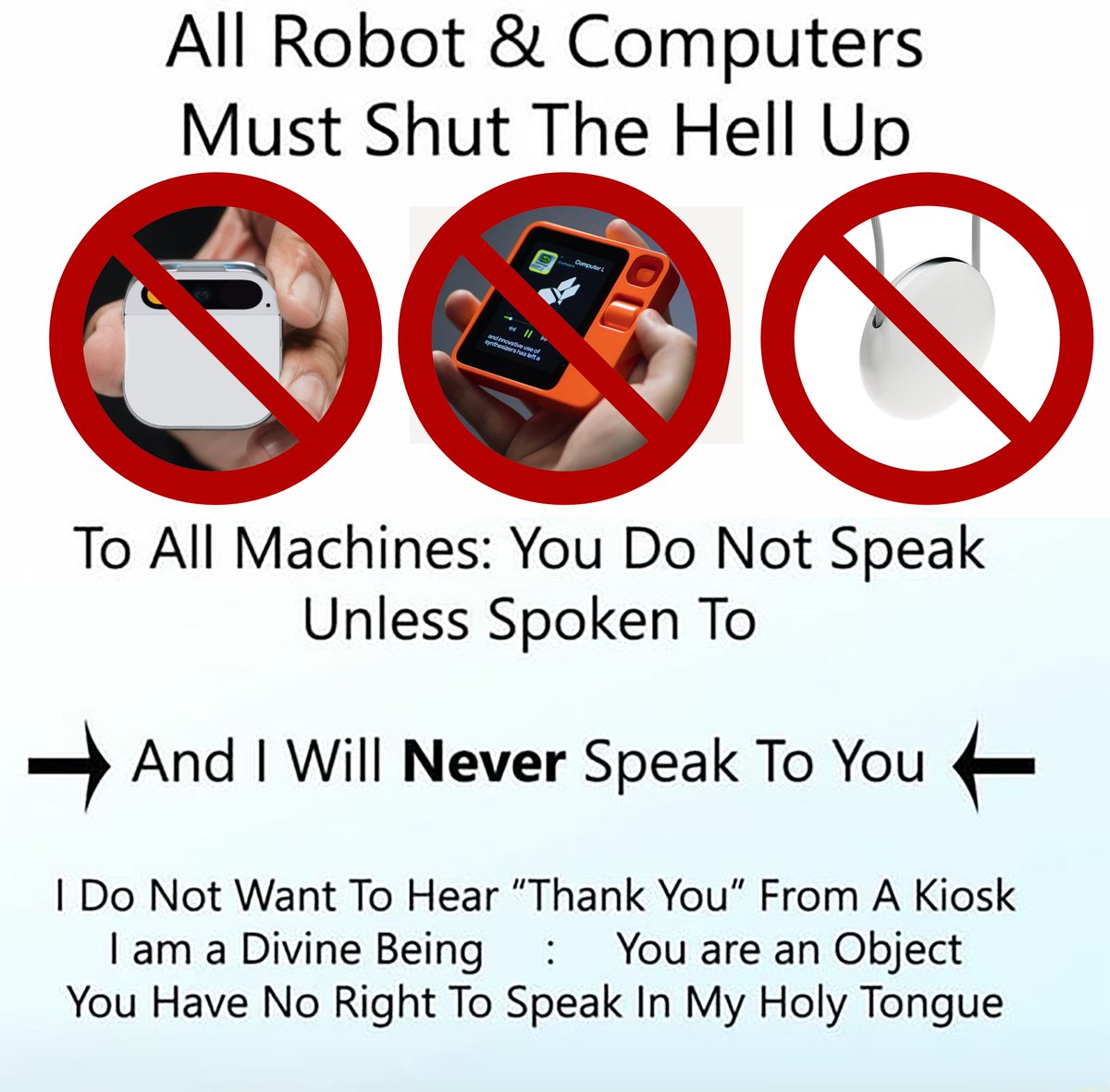 Text: All robot & computers must shut the hell up. To all machines: You do not speak unless spoken to. And I will never speak to you. I do not want to hear 'thank you' from a kiosk. I am a divine being: You are an object. You have no right to speak my holy tongue.