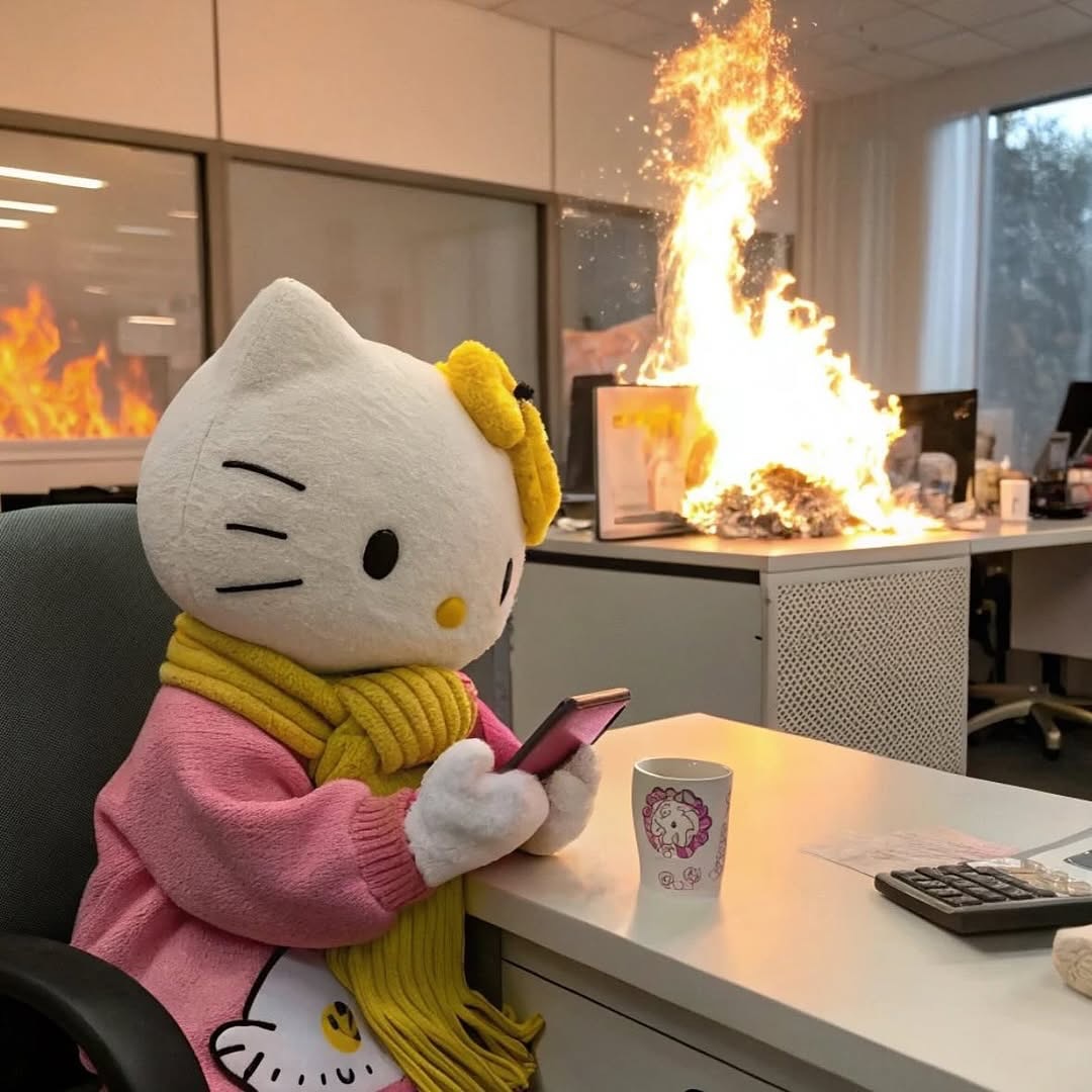 Hello Kitty at a desk looking at her phone while the office around her burns