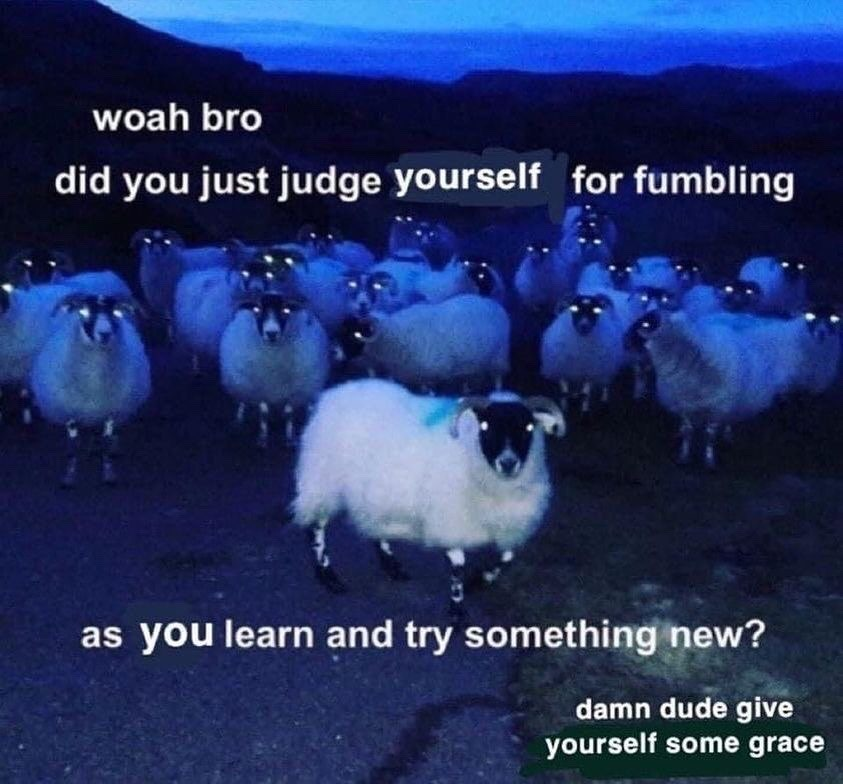 Text: whoa bro. did you just judge yourself for fumbling as you learn and try something new? damn dude give yourself some grace.