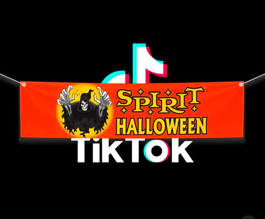 the Spirit Halloween banner logo on top of the TikTok logo