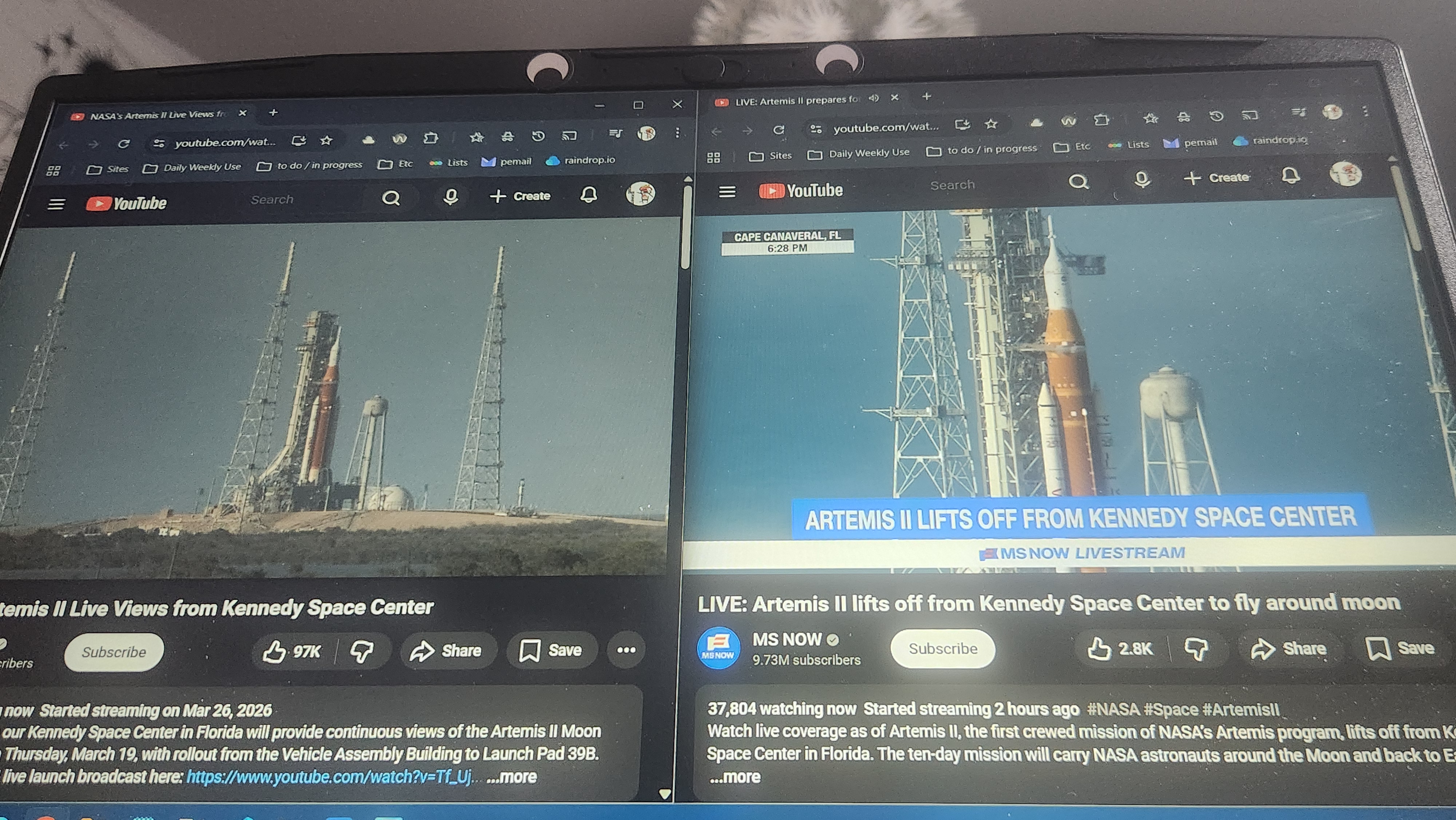 Split screen view of 2 different channels showing Artemis II launch on April 1, 2026