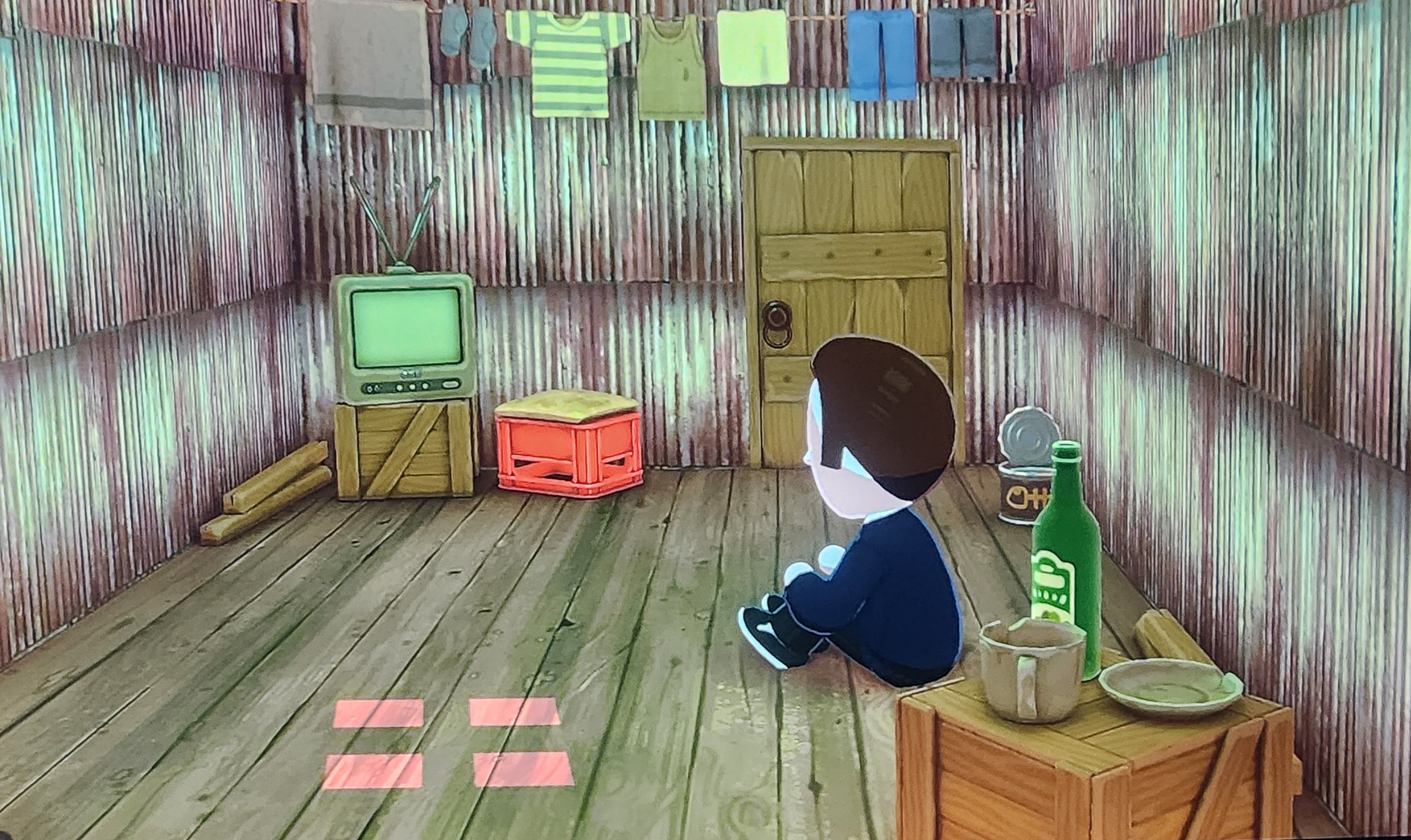 Videogame screencap from Tomodachi life depicting a Michael Myers mii sitting on the floor in a dilapitaed house