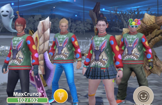 Four Monster Hunter Now players wearing a Christmasy red and green Lagombi sweater.