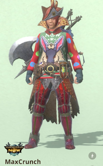 My Monster Hunter Now character wearing a Christmasy red and green Lagombi sweater along with other red armor to complete a Christmas-themed set.