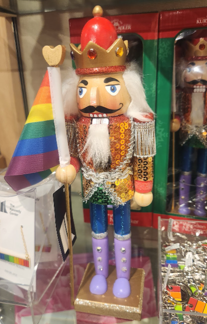 A rainbow bedazzled Pride nutcracker