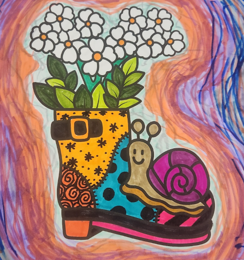 colored page showing flowers inside a boot that has the dress pattern of Sally from Nightmare Before Christmas. On top of the boot is a snail.