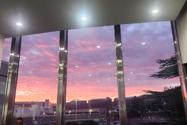 Looking out at the sky from within a building, the sunset is full of deep greys and blues and pinks and purples