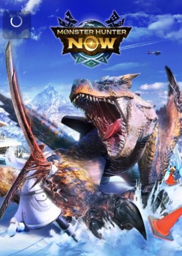 Monster Hunter Now loading screen showing Tigrex drifting in snow while a hunter fights it.