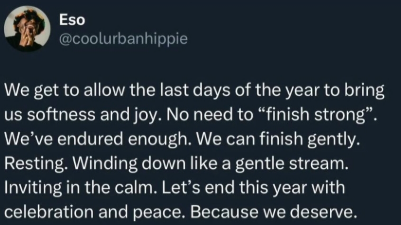 Twitter dark mode screenshot from user @coolurbanhippie. The text reads We get to allow the last days of the year to bring us softness of joy. No need to 'finish strong.' We've endured enough. We can finish gently. Resting. Winding down like a gentle stream. Inviting in the calm. Let's end this year with celebration and peace. Because we deserve.