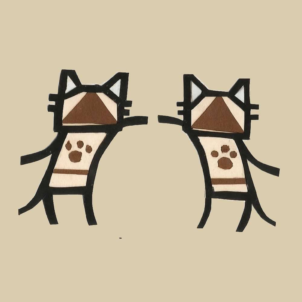scan of a papercut simplified drawing of two tan felyne cats from the Monster Hunter series reaching towards each other as if in synchronized dance