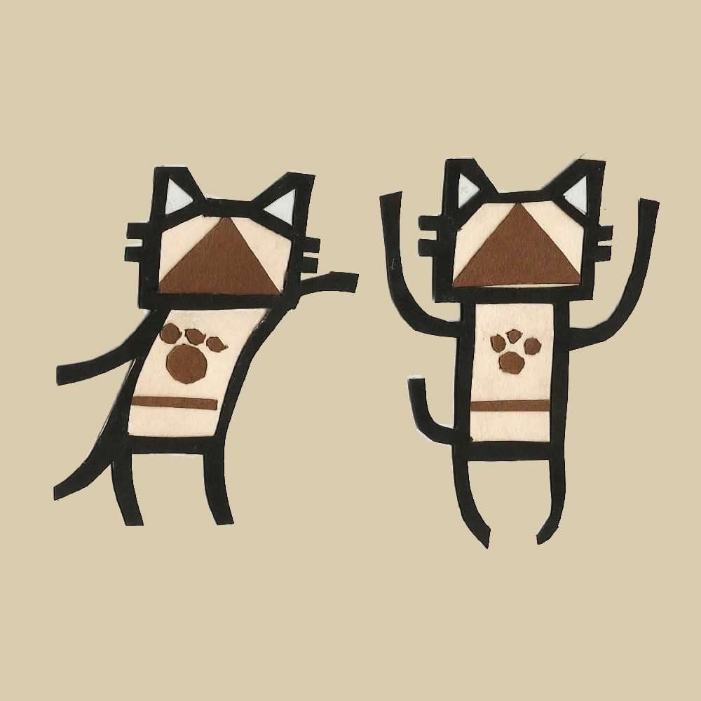 scan of a papercut simplified drawing of two tan felyne cats from the Monster Hunter series, one reaching towards the other and the other reaching upwards as if they are dancing