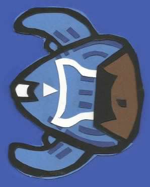 scan of a papercut simplified drawing of Kayamba from the Monster Hunter 3U game, sideways so the blue head piece points to the left