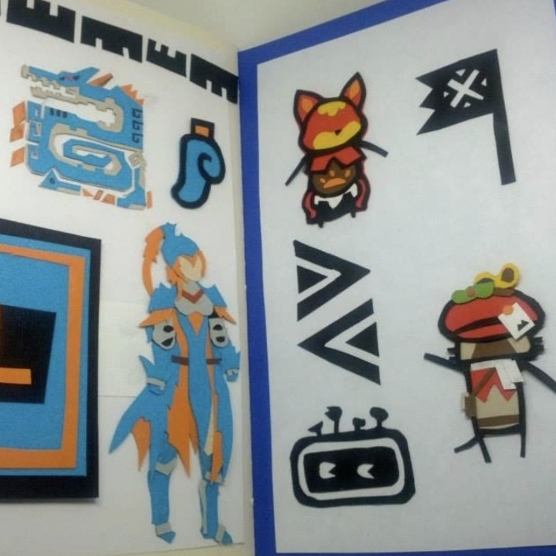 scan of a papercut zine showing simplified drawings of the Lagiacrus monster icon, a hunter in Lagiacrus gear, Monster Hunter themed doodles, the Courier cat, and a cat wearing the Volvidon armor set